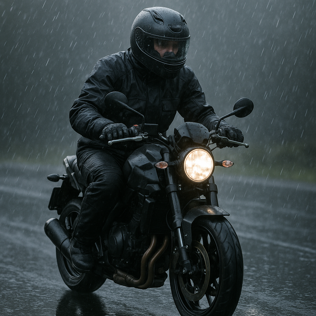 Motorrijder in de regen